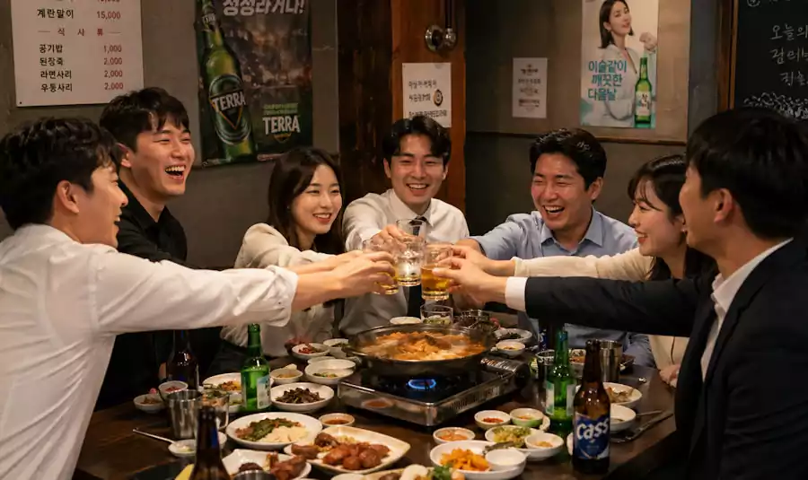Why Koreans Help Drunk Strangers Understanding Jeong and Korean Drinking Culture 4 Korean drinking culture group dinner scene